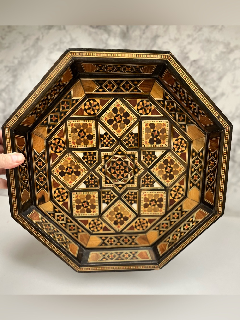 Vintage 12” Inlaid Geometric Serving Tray,Hexagonal Mosaic Star Pattern,Boho